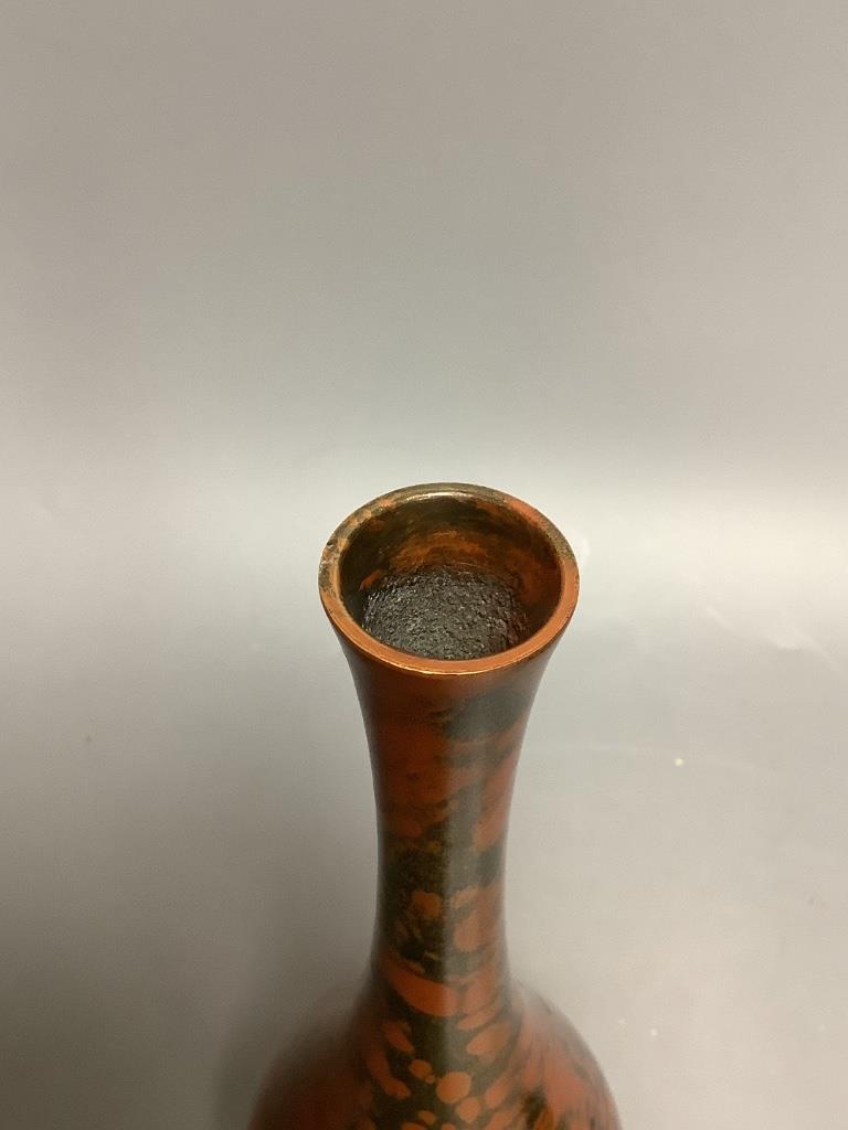 A Japanese patinated bronze bottle vase, early 20th century, with hardwood stand 26cm total